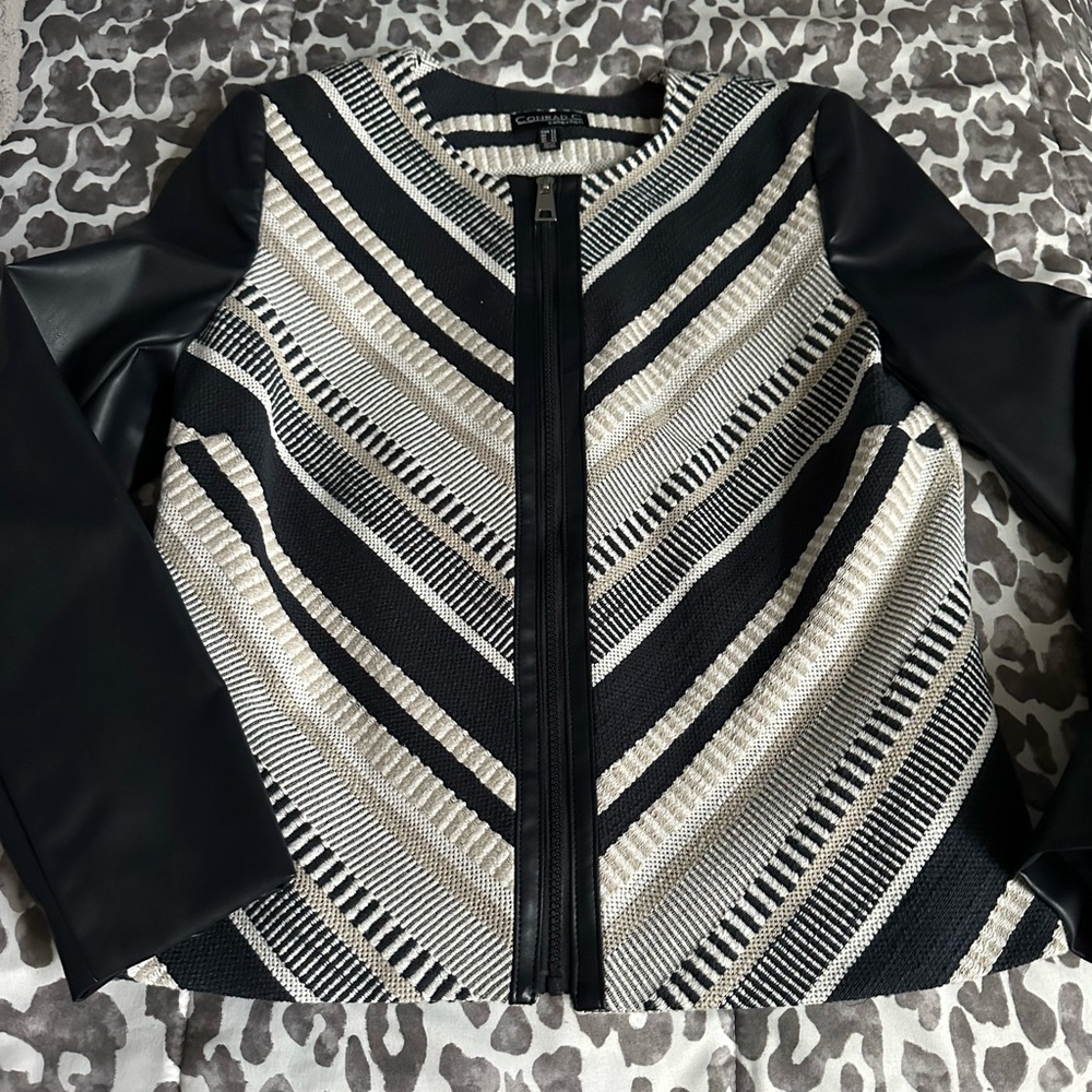 Conrad C Collection zip front blazer w faux leather sleeves sz 12